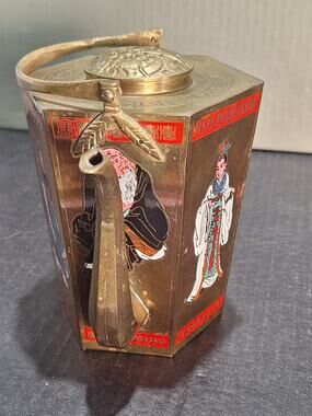 1950s Chinese Hexagonal Brass Teapot Enamel Figures No Taiwan Export Mark!